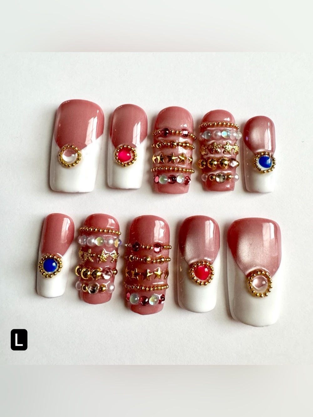 Stunning Press on Nails with Rhinestone Bangles and Mixed Charms
